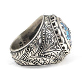 925 Sterling Silver Hand-Engraved Men's Ring with Teardrop Aquamarine Zircon