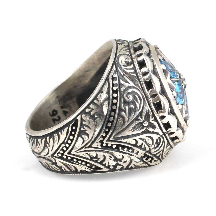 925 Sterling Silver Hand-Engraved Men's Ring with Teardrop Aquamarine Zircon