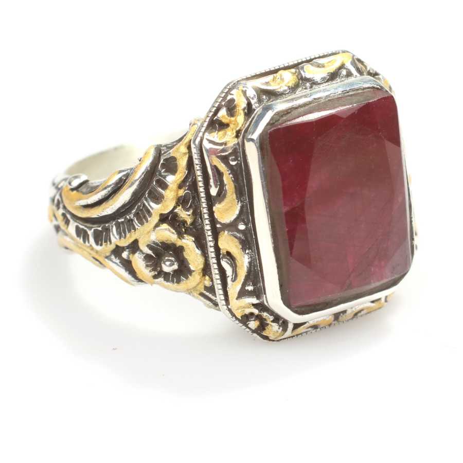925 Sterling Zilveren Herenring met Robijn - Handgegraveerd Kolomontwerp