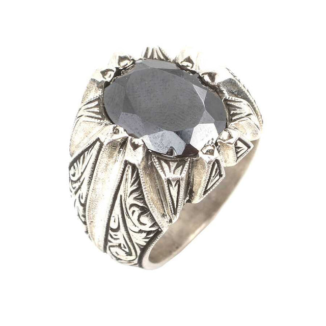 925 Sterling Silver Oval Onyx Men's Ring - Handcrafted Detail