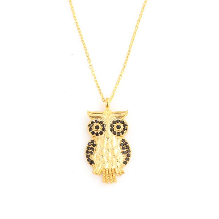 925 Sterling Silver Onyx Owl Design Pendant Necklace
