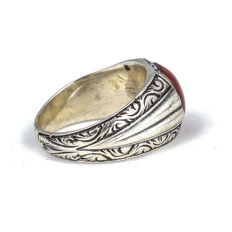 925 Sterling Silver Round Agate Engraved Men's Ring