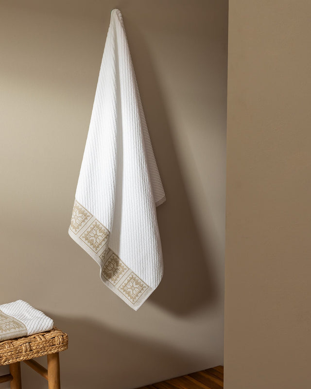 Plush 100% Cotton Bath Towel - Ultra Soft & Absorbent, White & Beige