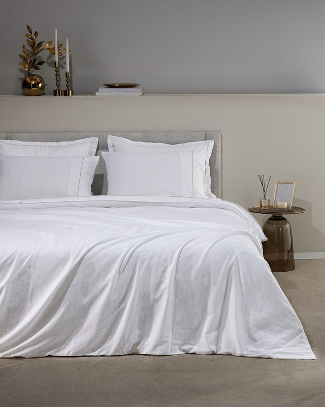100% Cotton King Size Duvet Cover Set - Shimmering Sateen White & Gold