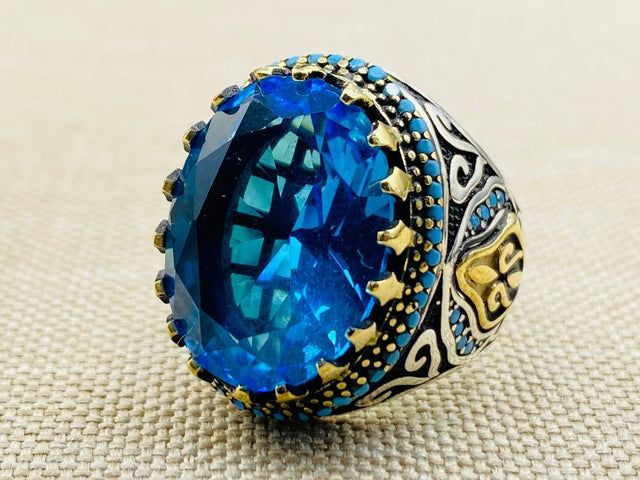 Aquamarine Stone Silver Men's and Women's Ring