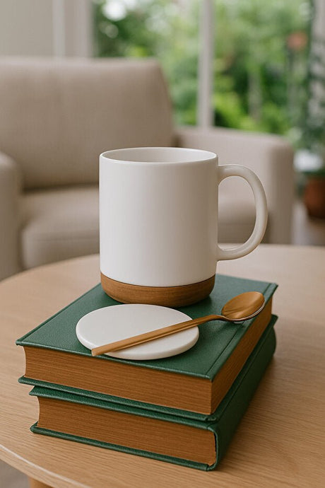 Arma House Premium White Ceramic Mug with Acacia Wood Coaster - Case of 6 - TryAladdin