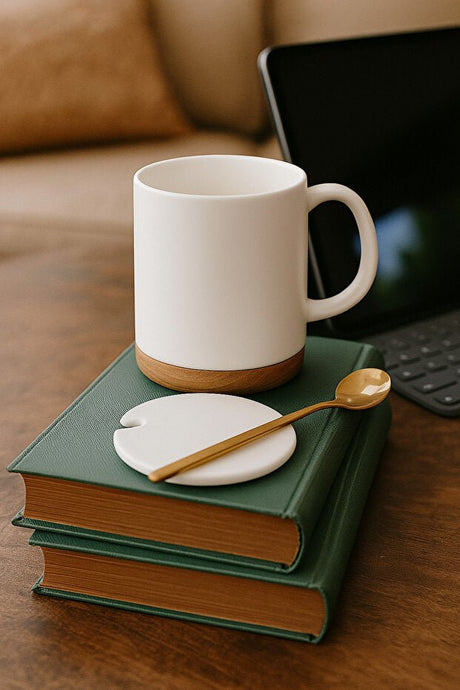 Arma House Premium White Ceramic Mug with Acacia Wood Coaster - Case of 6 - TryAladdin