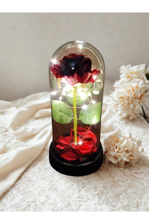 Artificial Eternity Red Rose in Glass Dome - LED Lighted 19cm - TryAladdin