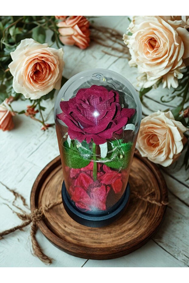 Artificial Eternity Red Rose in Glass Dome - LED Lighted 19cm - TryAladdin