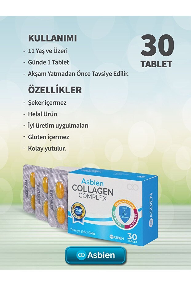 Asbien Collagen Complex - Type I & II, Turmeric, Selenium, 30 Tablets - TryAladdin