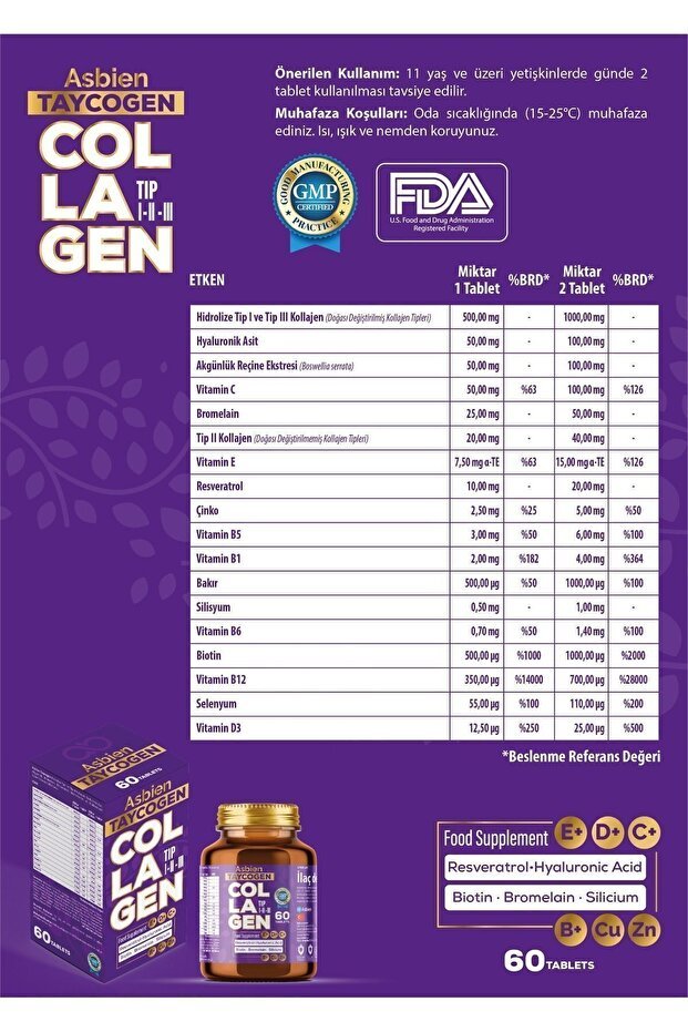 Asbien Taycogen Collagen Supplement - 60 Tablets with Biotin & HA - TryAladdin