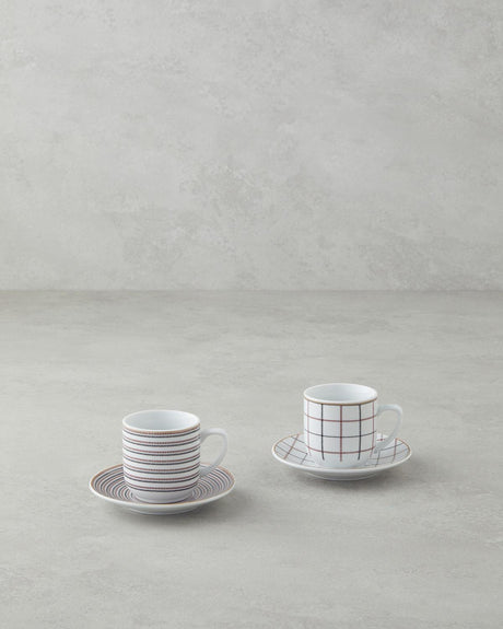 Premium Porcelain Demitasse Coffee Cup Saucer Set - 4 Piece 2 Person Black Burgundy