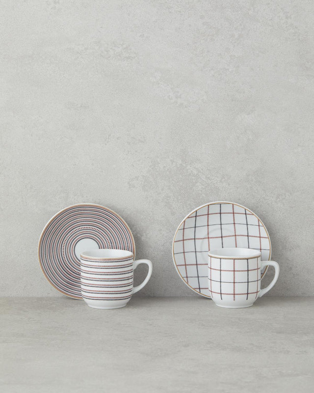 Premium Porcelain Demitasse Coffee Cup Saucer Set - 4 Piece 2 Person Black Burgundy