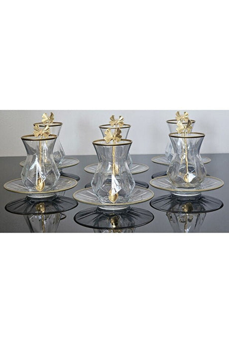 Atabey Home Alya 18 - Piece Premium Turkish Tea Set with Glass Plates and Butterfly Spoons - TryAladdin