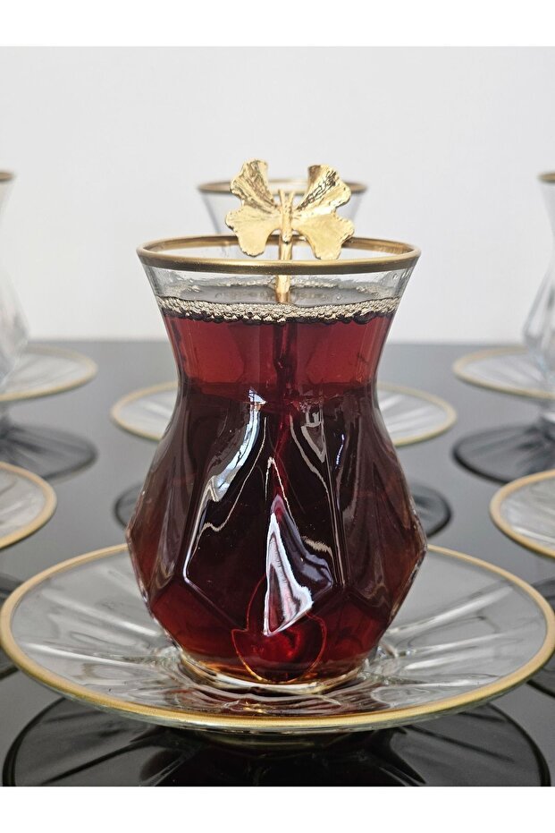 Atabey Home Alya 18 - Piece Premium Turkish Tea Set with Glass Plates and Butterfly Spoons - TryAladdin