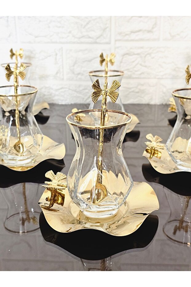 Atabey Home Alya Real Gold Plated Turkish Tea Set - 18 Pieces - TryAladdin