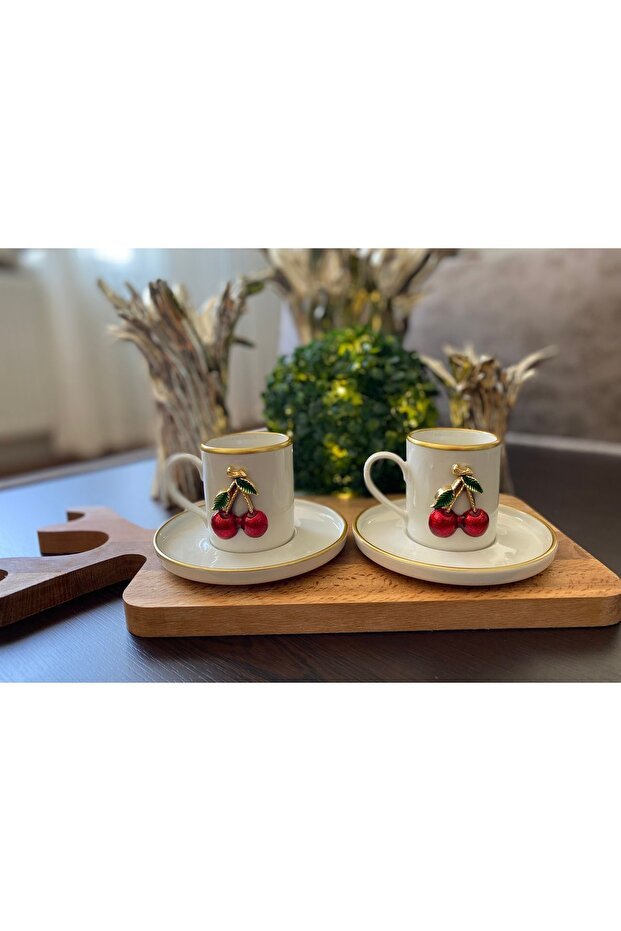 Atabey Home Collection Premium 6 - Person Gold - Detail Cherry Pattern Porcelain Coffee Cup Set - 100ml - TryAladdin