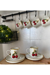 Atabey Home Collection Premium 6 - Person Gold - Detail Cherry Pattern Porcelain Coffee Cup Set - 100ml - TryAladdin