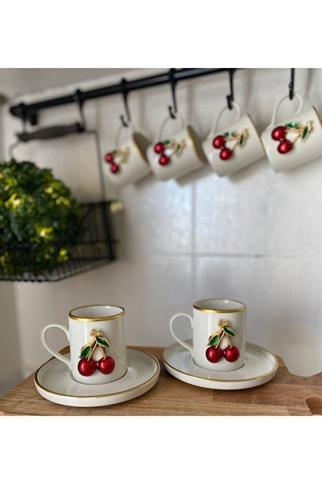 Atabey Home Collection Premium 6 - Person Gold - Detail Cherry Pattern Porcelain Coffee Cup Set - 100ml - TryAladdin