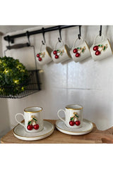 Atabey Home Collection Premium 6 - Person Gold - Detail Cherry Pattern Porcelain Coffee Cup Set - 100ml - TryAladdin
