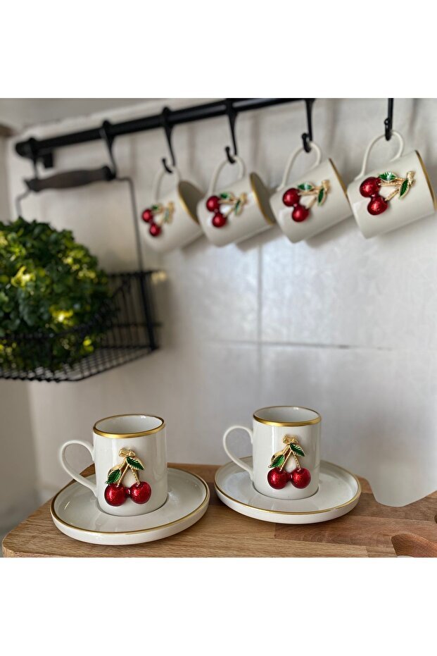 Atabey Home Collection Premium 6 - Person Gold - Detail Cherry Pattern Porcelain Coffee Cup Set - 100ml - TryAladdin