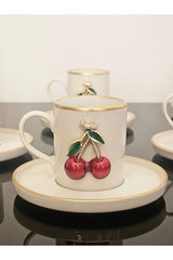 Atabey Home Collection Premium 6 - Person Gold - Detail Cherry Pattern Porcelain Coffee Cup Set - 100ml - TryAladdin