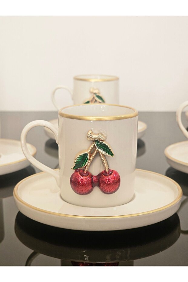 Atabey Home Collection Premium 6 - Person Gold - Detail Cherry Pattern Porcelain Coffee Cup Set - 100ml - TryAladdin