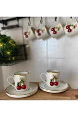 Atabey Home Collection Premium 6 - Person Gold - Detail Cherry Pattern Porcelain Coffee Cup Set - 100ml - TryAladdin