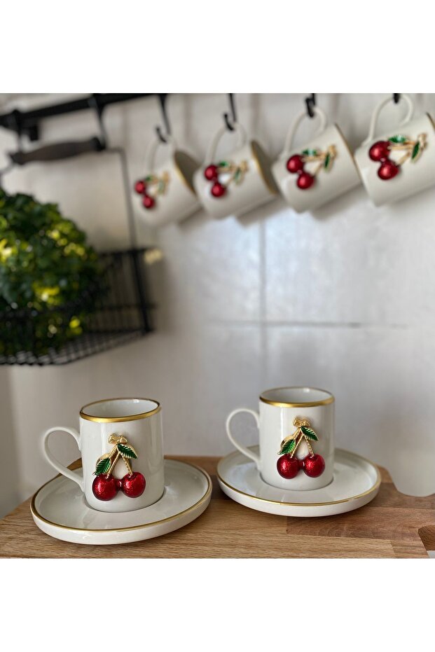 Atabey Home Collection Premium 6 - Person Gold - Detail Cherry Pattern Porcelain Coffee Cup Set - 100ml - TryAladdin