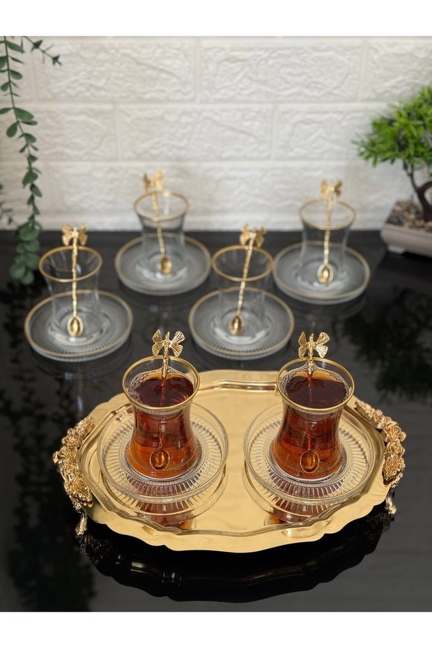 Atabey Home Premium Gold Butterfly Turkish Tea Set - 18 - Piece Set - TryAladdin