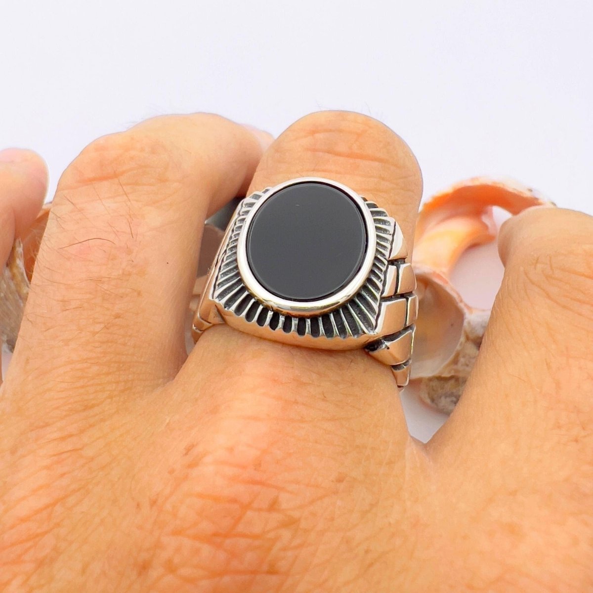 Authentic Turkish 925 Sterling Silver Men's Onyx Ring - Handmade Gift for Him - TryAladdin