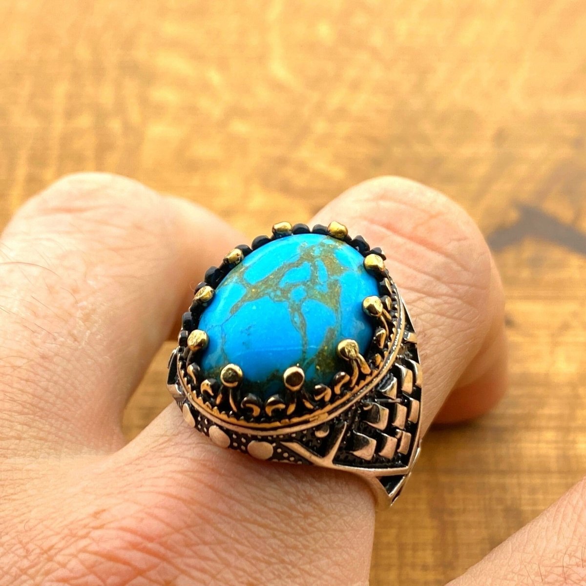 Authentic Turkish Handmade 925 Sterling Silver Men's Turquoise Ring - Artisan Gemstone Gift - TryAladdin