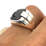 Authentic Turkish Handmade Men's Black Onyx Square Ring - 925 Sterling Silver Statement Jewelry - TryAladdin