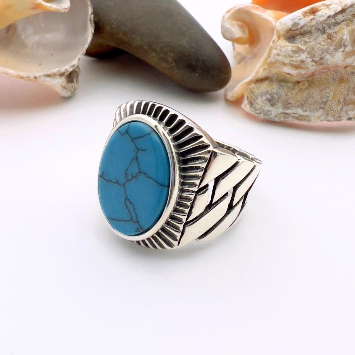 Authentic Turkish Handmade Sterling Silver Men's Turquoise Ring - Ottoman Style Gemstone Gift - TryAladdin