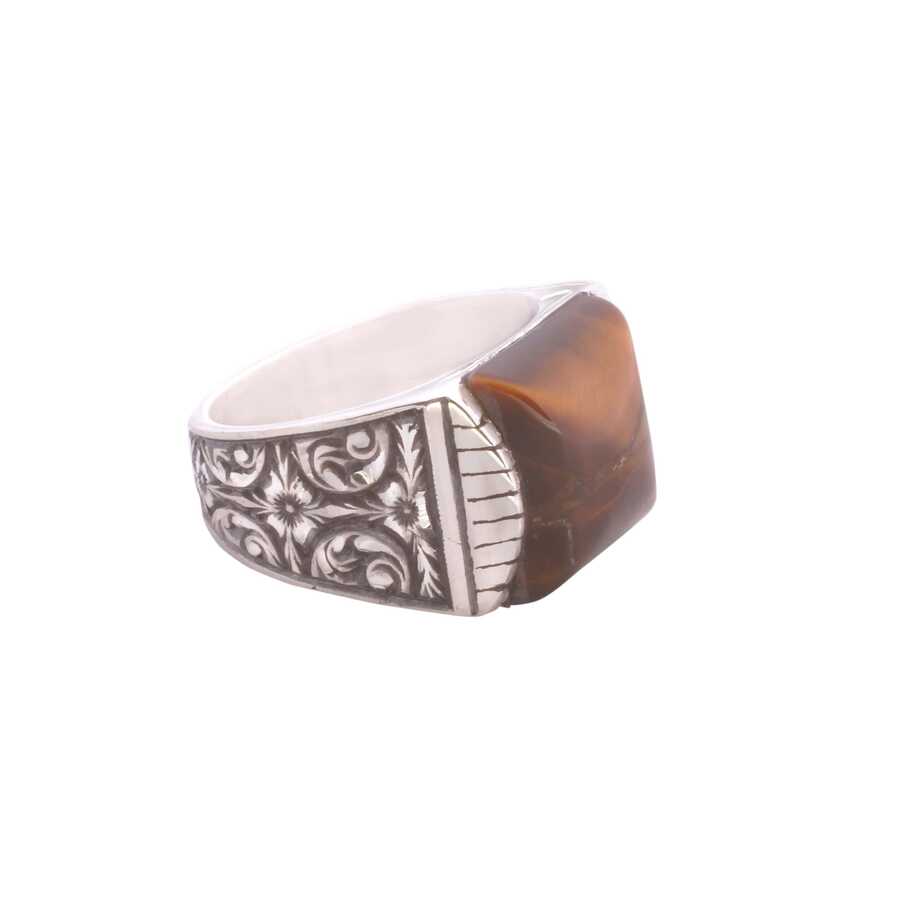 925 Sterling Silver Men's Ring - Square Tiger's Eye & Hand-Engraved