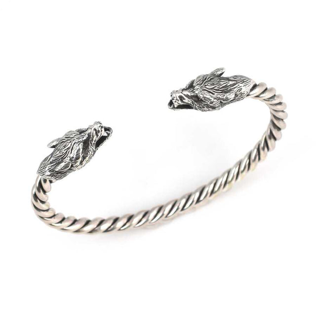 925 Sterling Silver Sculpted Wolf Head Twisted Men's Bracelet