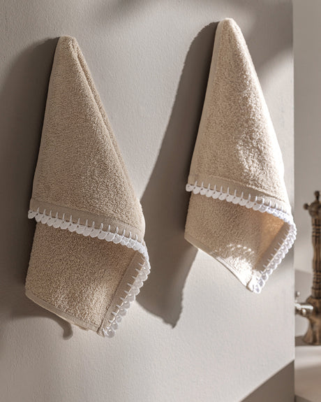 100% Cotton Hand Towel Set of 2 - Crocheted Edge Design