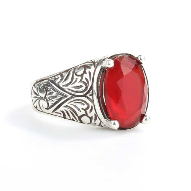 Men's 925 Sterling Silver Oval Synthetic Ruby Engraved Ring