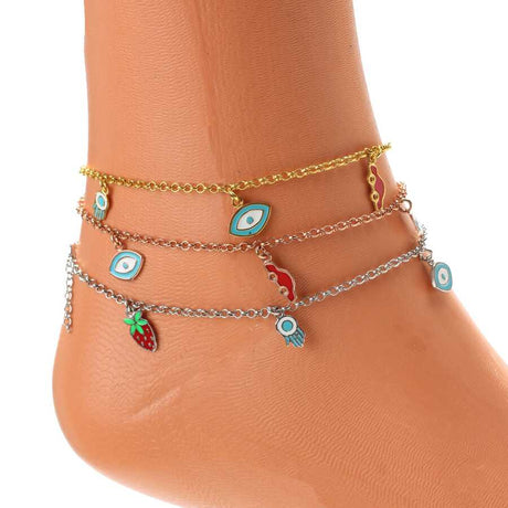 Sterling Silver Multi-Charm Anklet - Enamel Accents