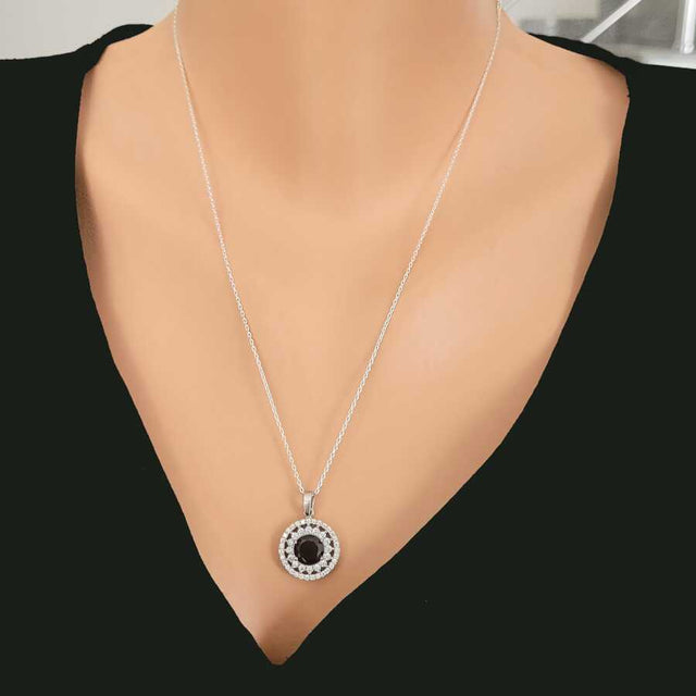 Sterling Silver Double Halo Garnet & Zircon Pendant Necklace