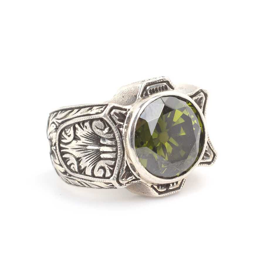925 Sterling Silver Peridot Men's Ring - Hand-Engraved Design