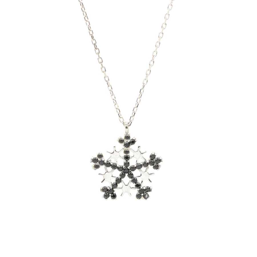 Premium 925 Sterling Silver Snowflake Necklace Black Stone