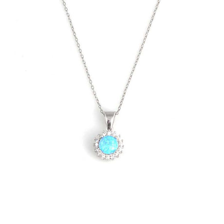 925 Sterling Silver Blue Opal & Zircon Halo Pendant Necklace