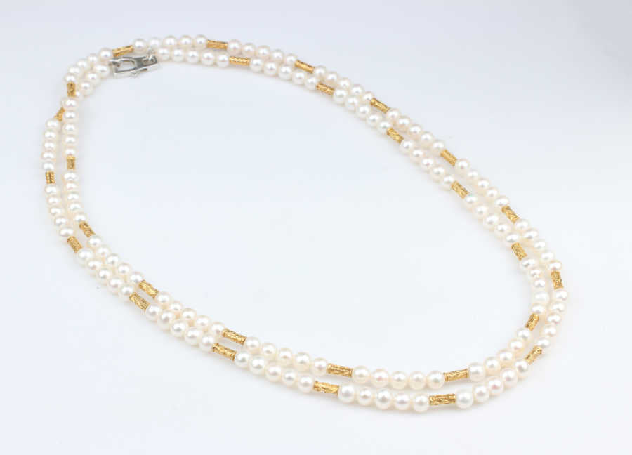 925 Sterling Silver Double Strand Pearl Necklace - Elegant Fancy Design