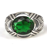 Sterling Silver Men's Ring - Oval Faceted Synthetic Emerald