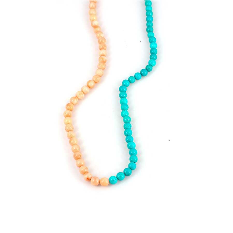 Sterling Silver Coral & Turquoise Necklace - Dual Gemstone Strand