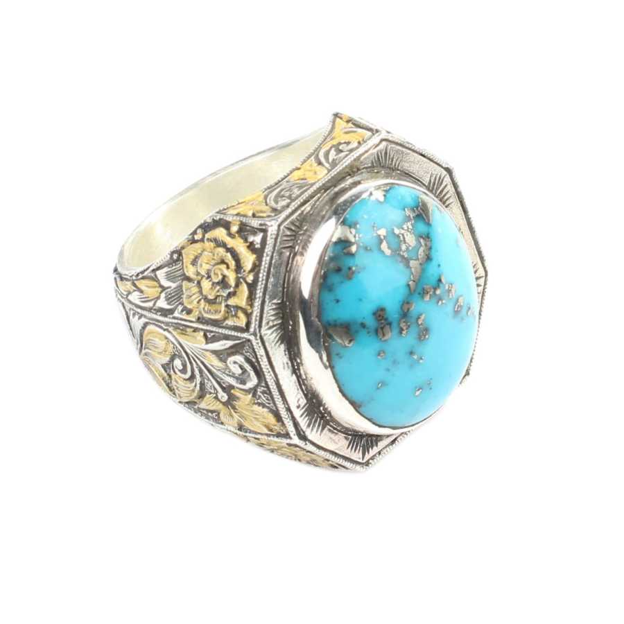 Handcrafted 925 Sterling Silver Men's Ring with Real Turquoise & Engraving