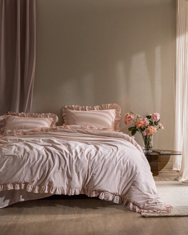 100% Cotton Double Duvet Cover Set - Ruffled & Garment Washed