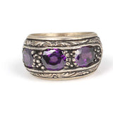 925 Sterling Silver Engraved Three-Stone Men's Ring with Amethyst Zircon