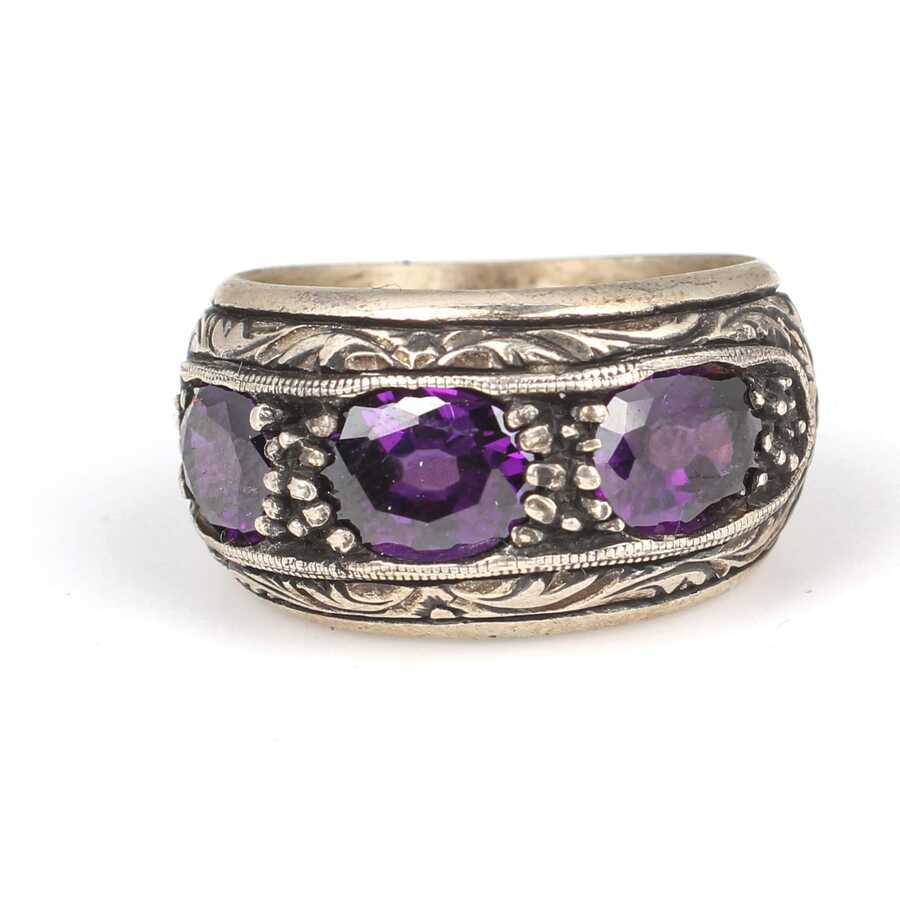 925 Sterling Silver Engraved Three-Stone Men's Ring with Amethyst Zircon